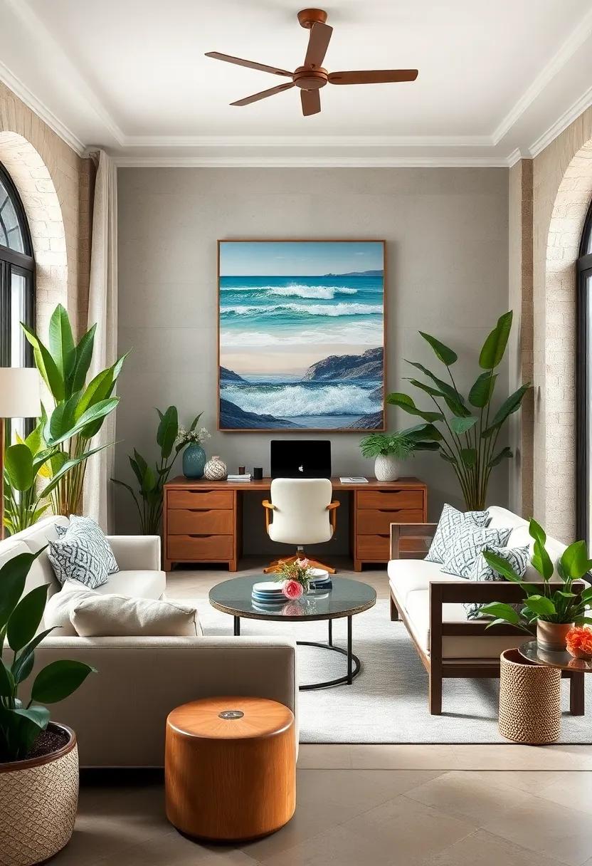 Lush Indoor Plants Paired with Oceanic Art to Bring the Beach Inside a Refined Study