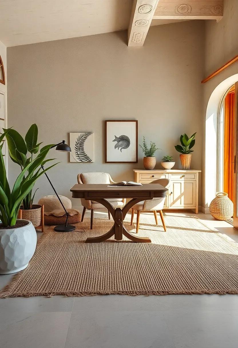 Textured Coastal Rugs Layering Under a Vintage Writing Desk Amidst Natural Tones