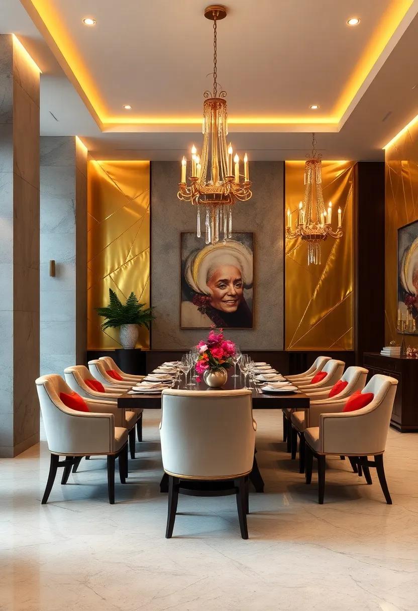 Elevating Dining Ambiance with Gleaming Gold Leafed Walls and Ornate Chandeliers