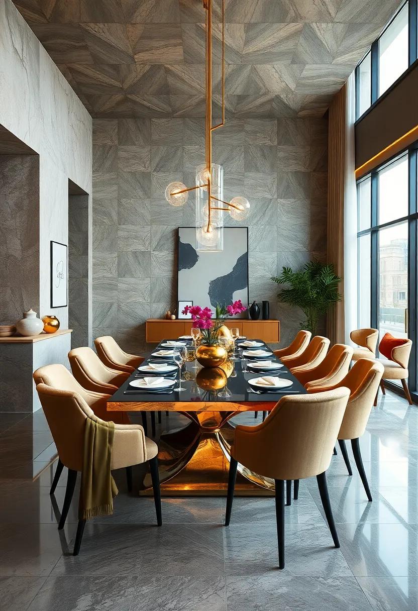 Reflective Metallic Surfaces Creating Depth and Light Play in Luxe Dining Rooms