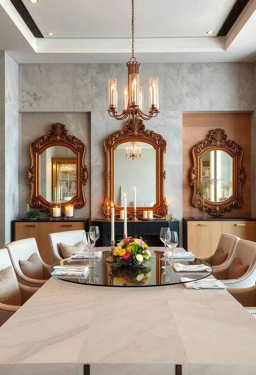 Ornate Metal Framed Mirrors Reflecting Candlelight in Intimate Dining Corners