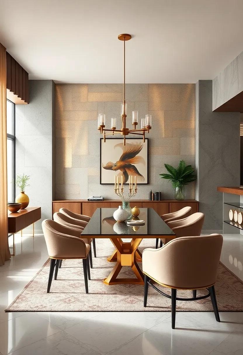 Shimmering Metallic Paint Effects on Walls Providing a Luminous Dining Environment