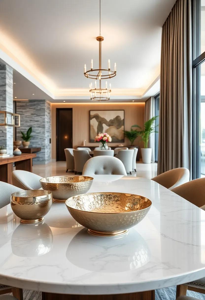 Hammered Metal Bowls and Trays Offering Textured Contrast on Glossy Dining Tables