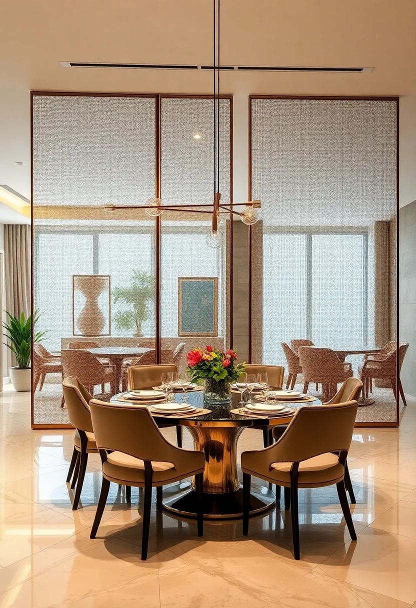 Elegant Metallic Mesh Room Dividers Separating Dining Spaces with Modern Flair