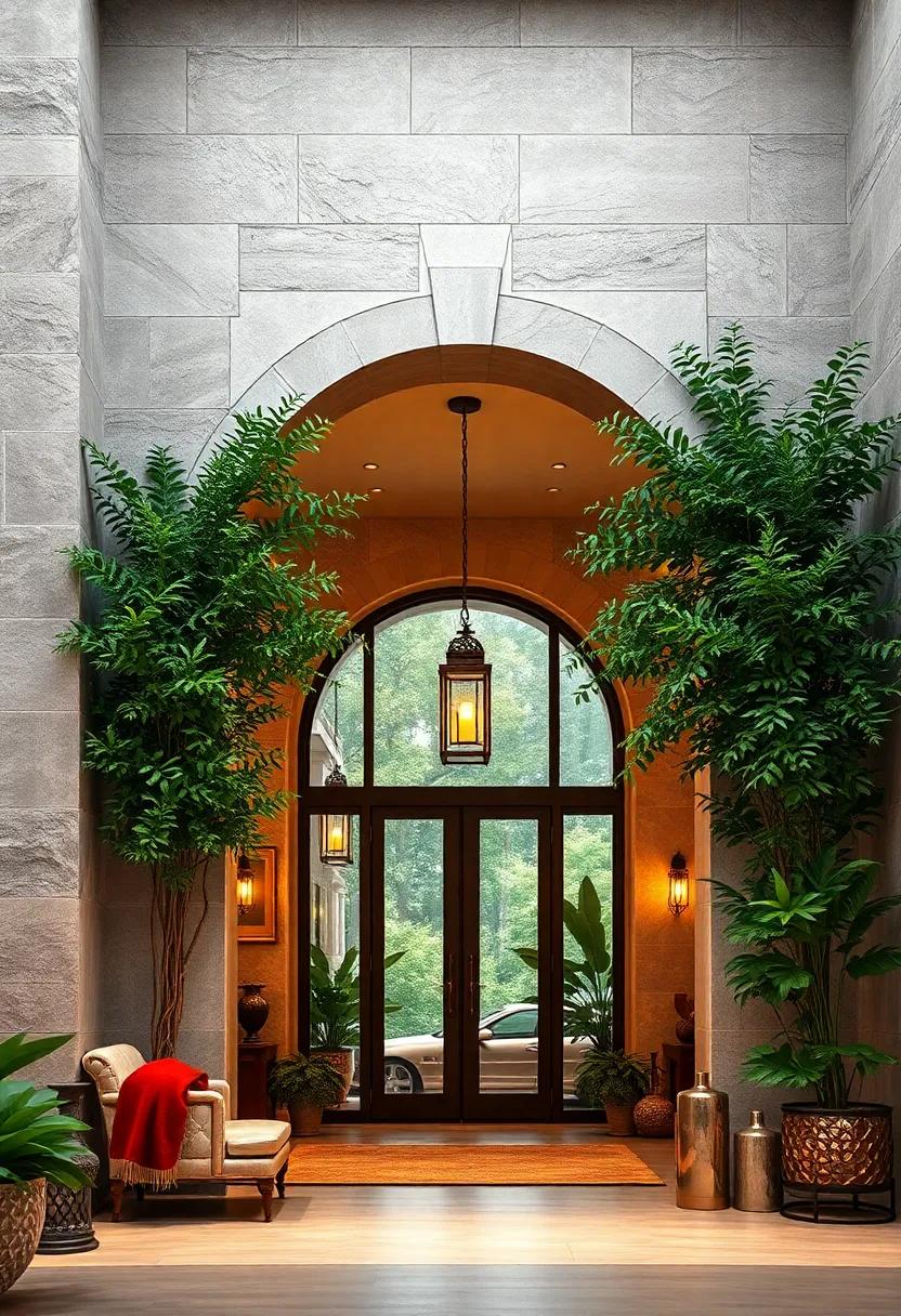 Classic Stone Archway Surrounded by Lush Greenery and Antique Lantern Lighting