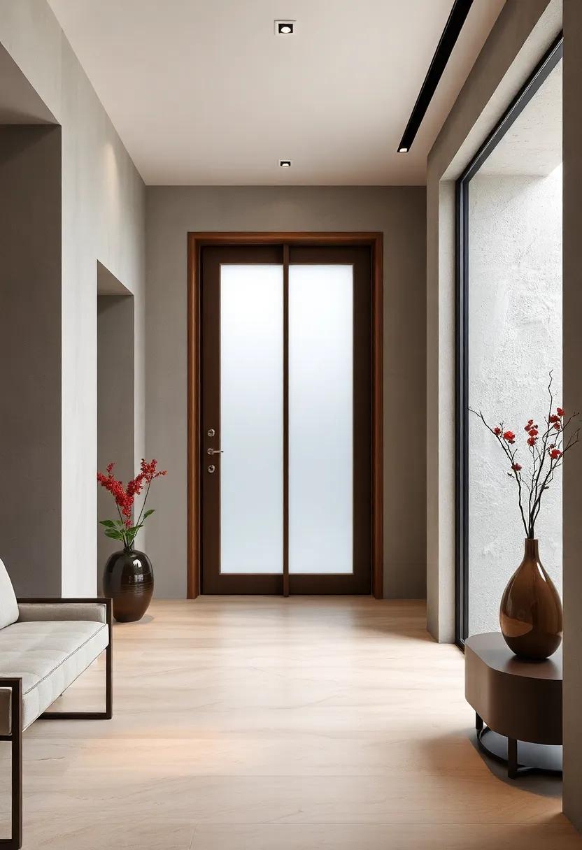 Contemporary Pivot Doors With Translucent Frosted Glass and Smooth Concrete Surround