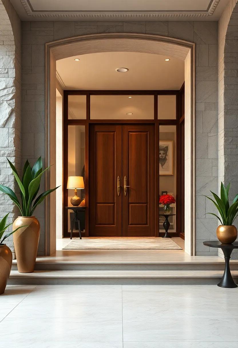 Hand-Turned Bronze Door Handles Paired With Smooth Painted Frames and Wide Steps