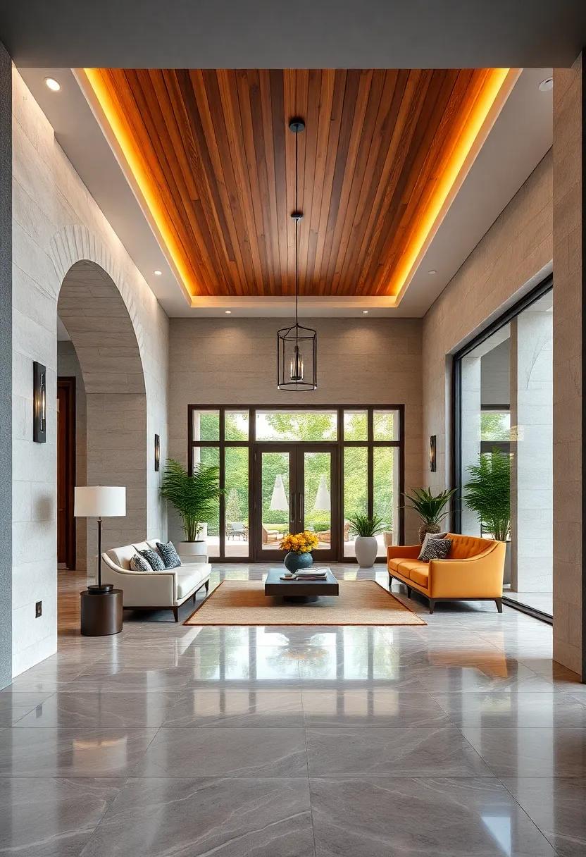 Luxurious Entry Porches Incorporating Floating Wooden Ceilings and Polished Marble Flooring