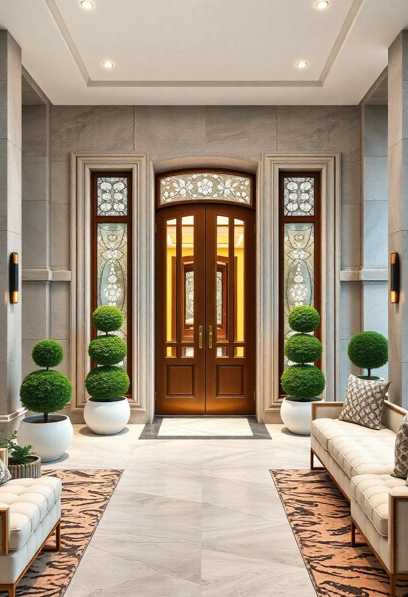 Majestic Front Doors with Crystal Insets and Symmetrical Garden Topiary Arrangements