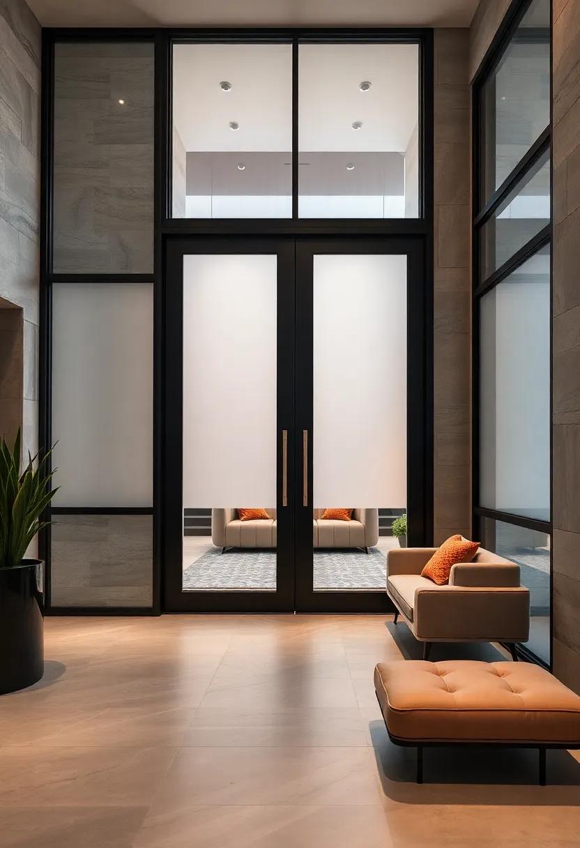 Sleek Black Steel Frames Surrounding Frosted Glass Panels and Integrated Smart Locks