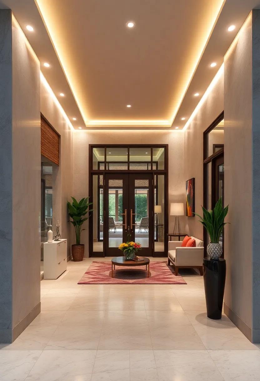 Soft Ambient Glows From Recessed Cove Lighting Illuminating Fine Details In Entryway Design