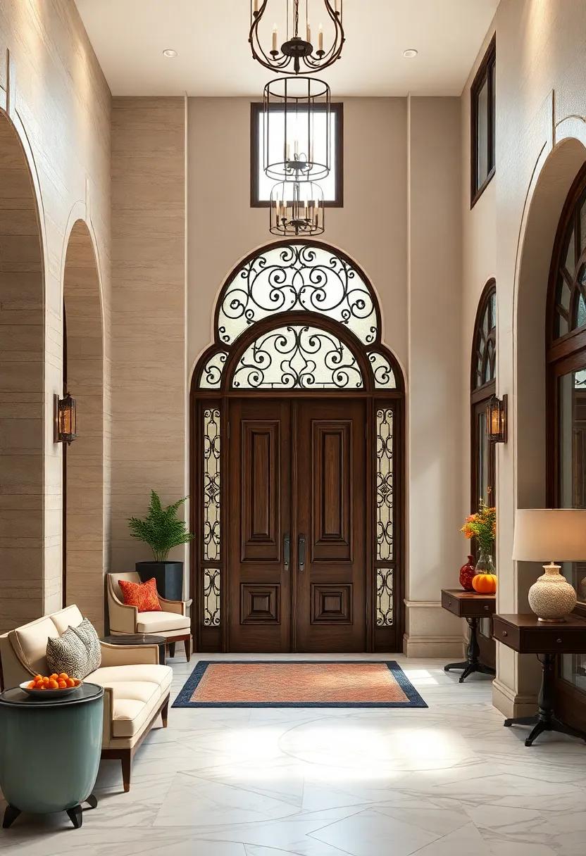 Vintage Victorian Entry Highlighting Ornate Iron Scrollwork and Stained Glass Insets