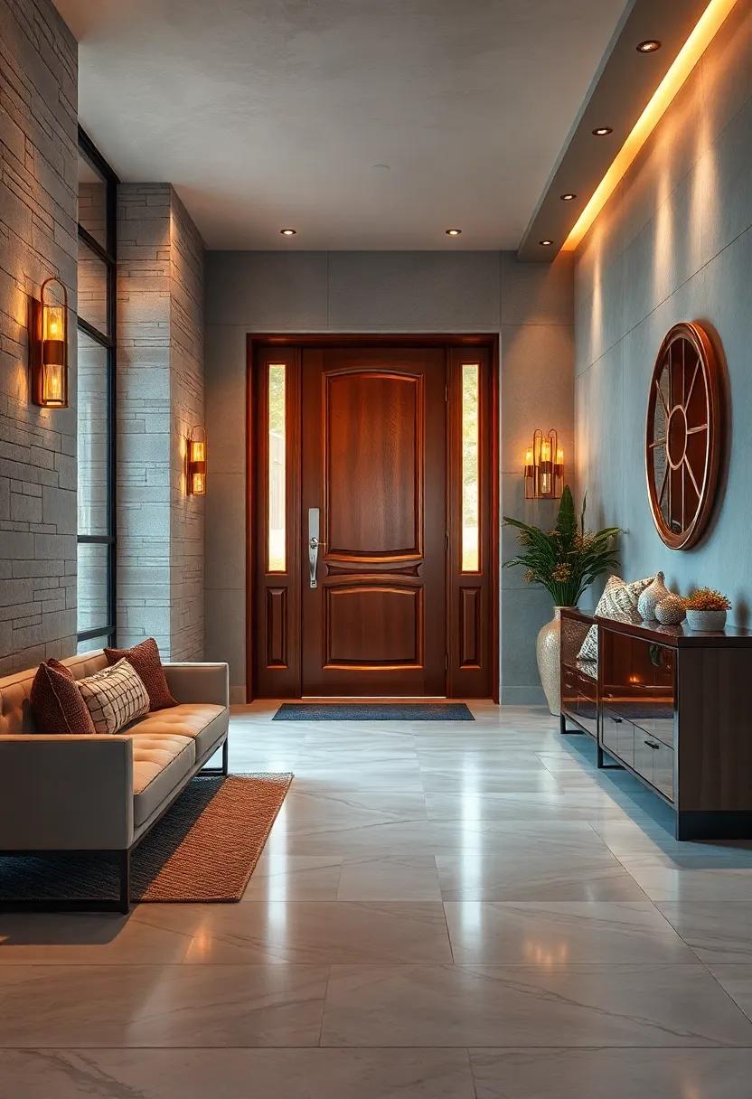 Warm Copper Door Finishes Glowing Softly in the Evening Light With Intricate Rivets
