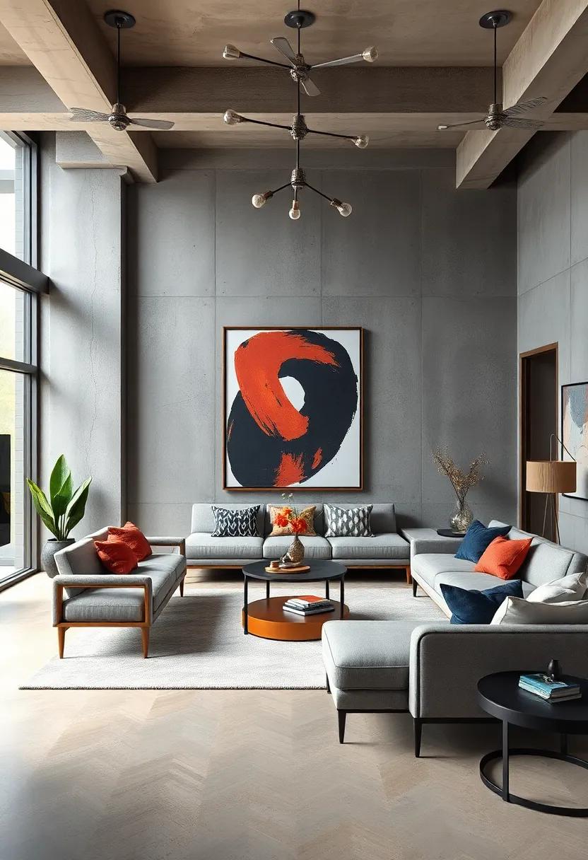 Bold Graphic Art Pieces Contrasted Against Raw Concrete Backdrops To Elevate Urban Sophistication