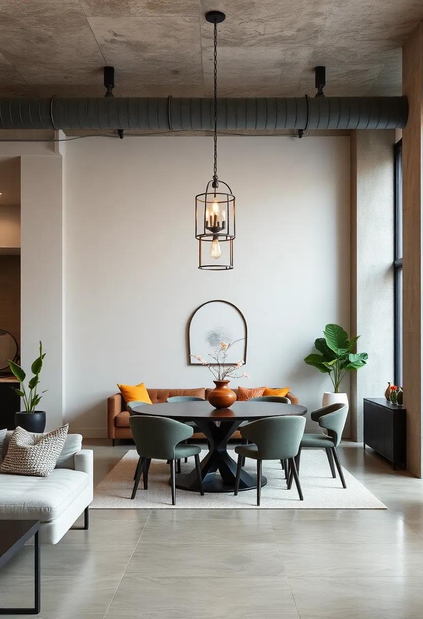 Statement Industrial Chandeliers Suspended Above Sleek Dining Areas Creating Focal Points Of Visual Interest