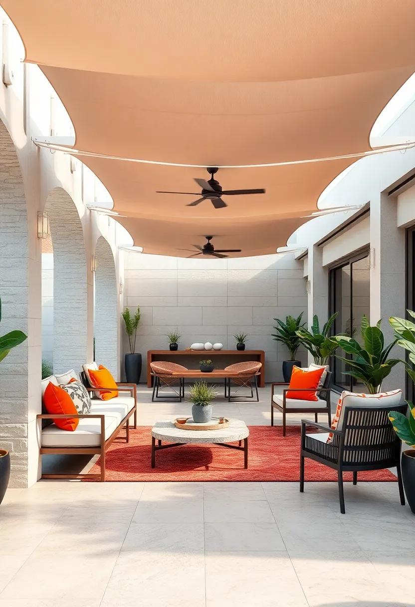 Arrange Cozy Outdoor Dining Zones Featuring Textured Ceramic Tiles And Soft Overhead Canopies For Shade