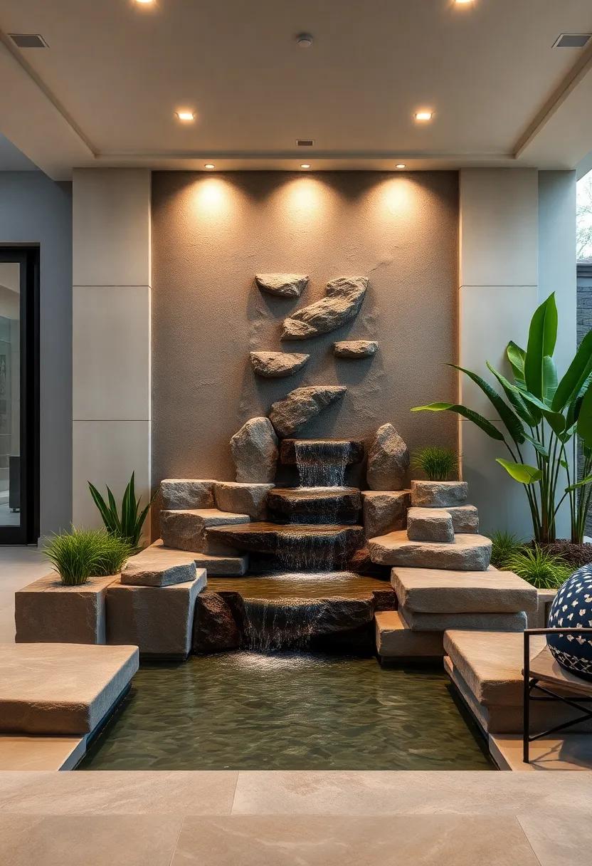 Construct Sculptured Stone Waterfalls Featuring Jagged Textures That Enhance The Tranquility Of Your Backyard