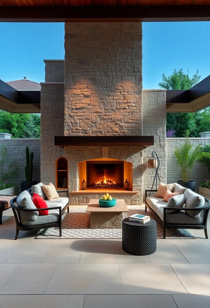 Showcase Outdoor Fireplaces Wrapped In Natural Rock Textures That Compliment Surrounding Landscape Elements