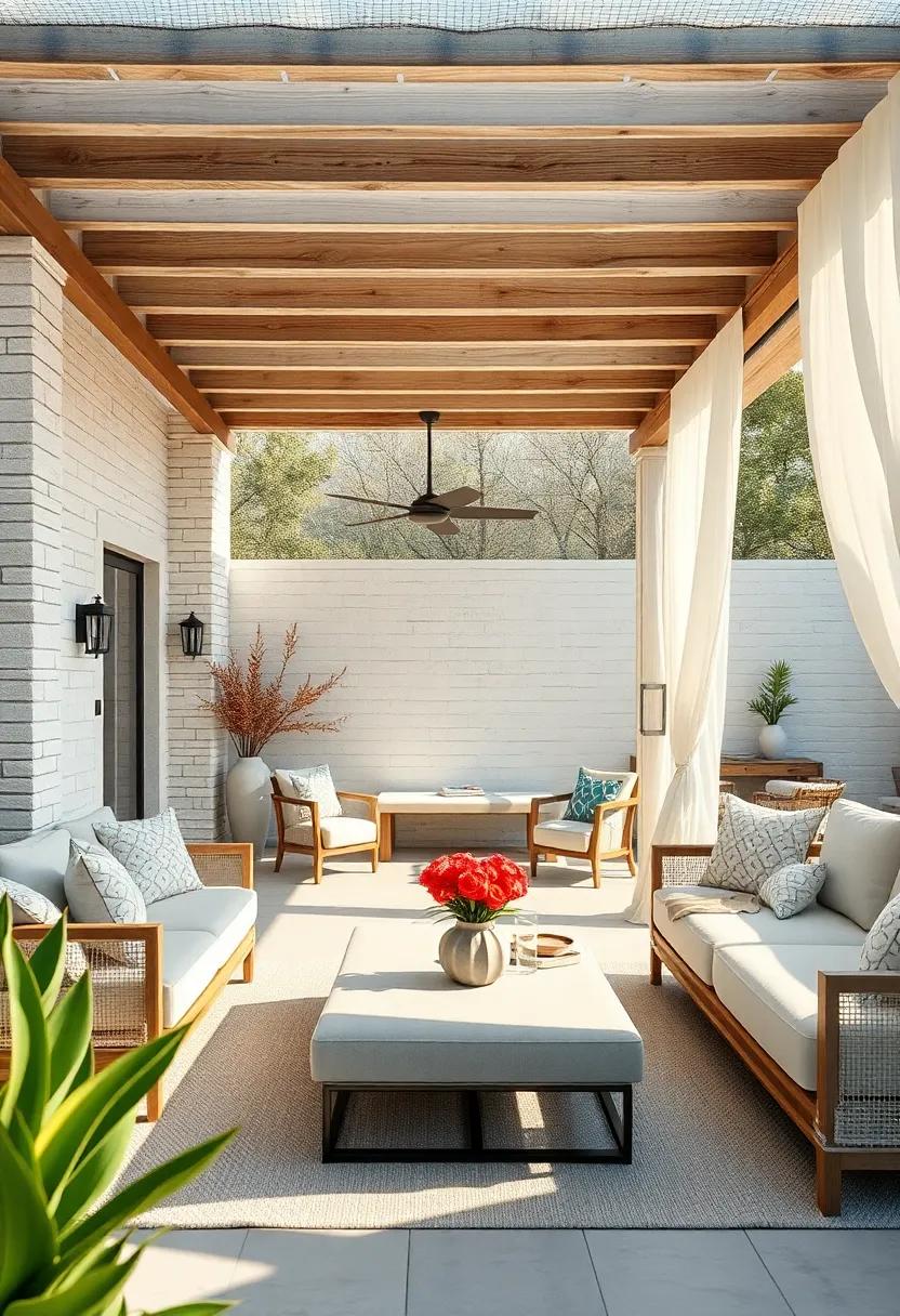 Design A Pergola With Textured Whitewashed Wood Combined With Flowing Fabric Drapes For Airy Comfort