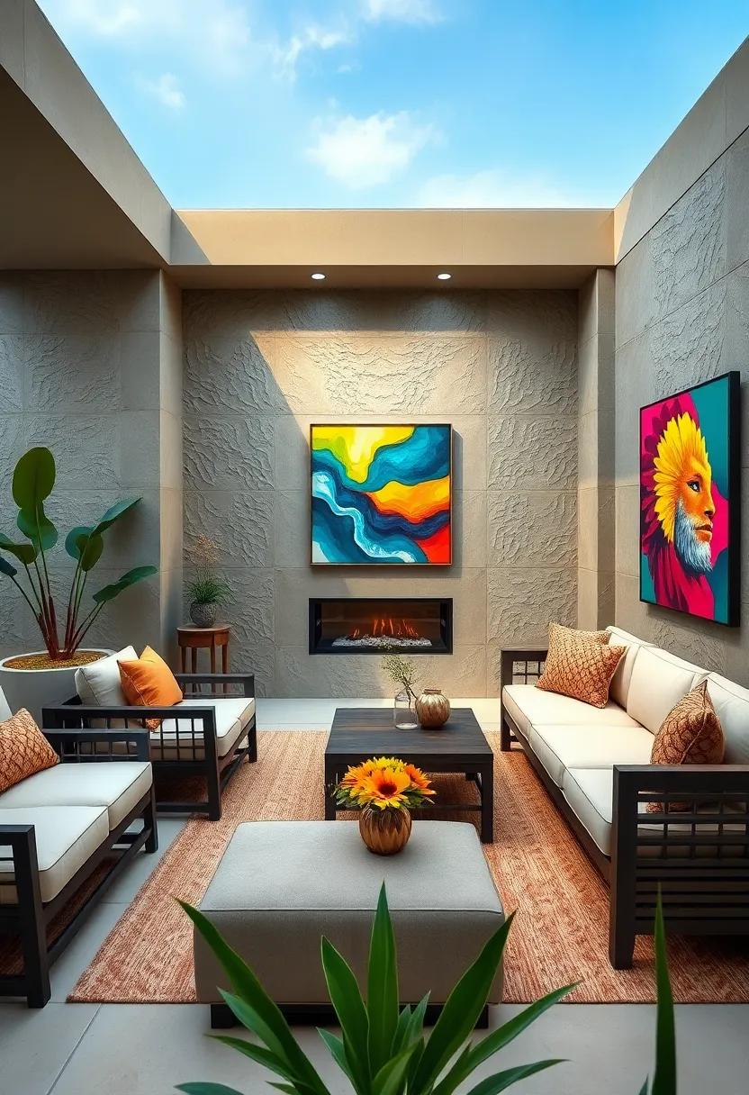Showcase Bold Accent Walls Featuring Textured Concrete Imprints Paired With Vibrant Outdoor Artwork