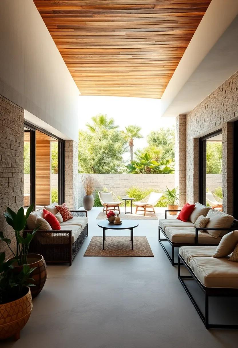 Construct Elevated Deck Spaces With Weathered Timber Surfaces Integrated With Lush Greenery And Open Views