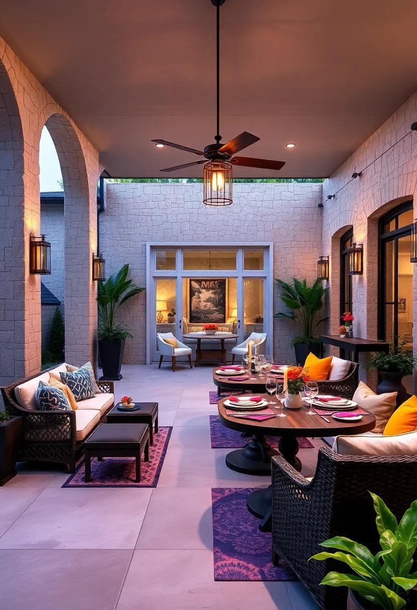 Lavishly Decorated Outdoor Dining Areas Featuring Custom Table Settings and Gracious Lighting