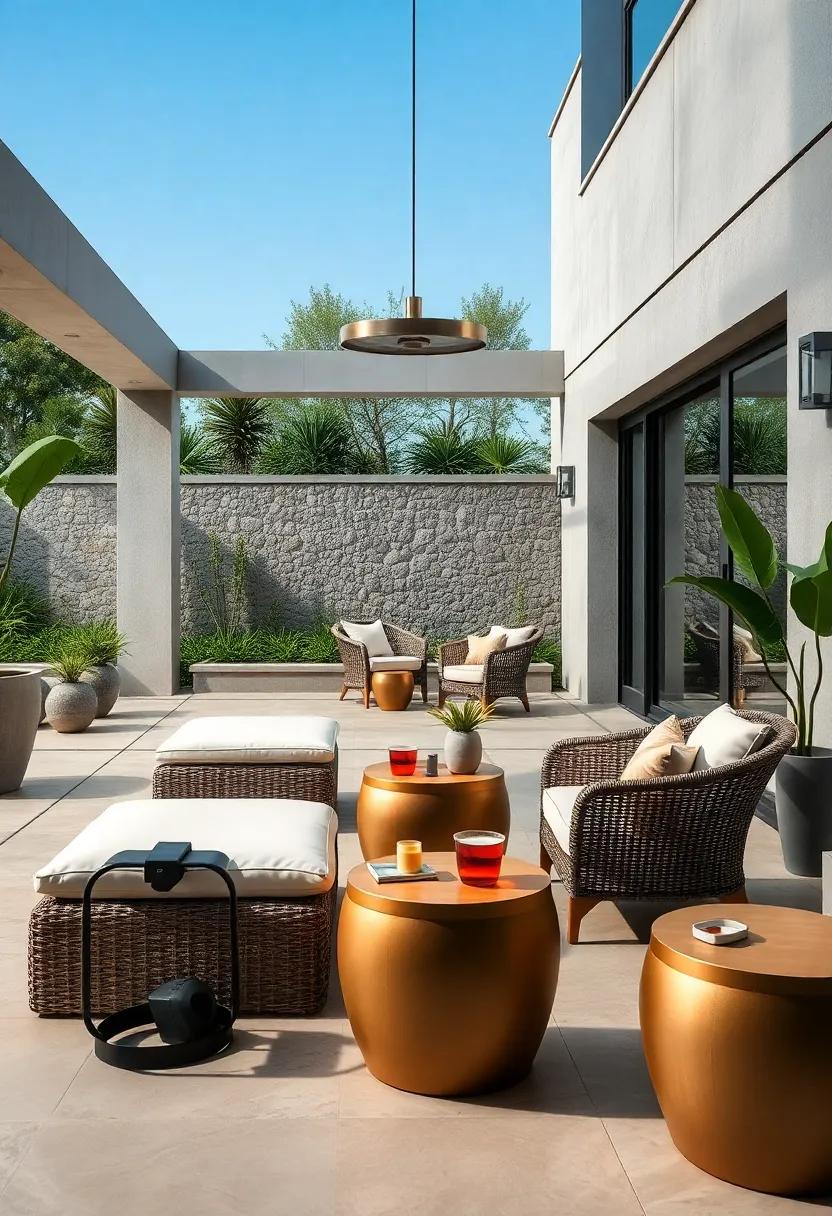 Artisanal Woven Outdoor Lounge Chairs Paired with Sleek, High-End Side Tables