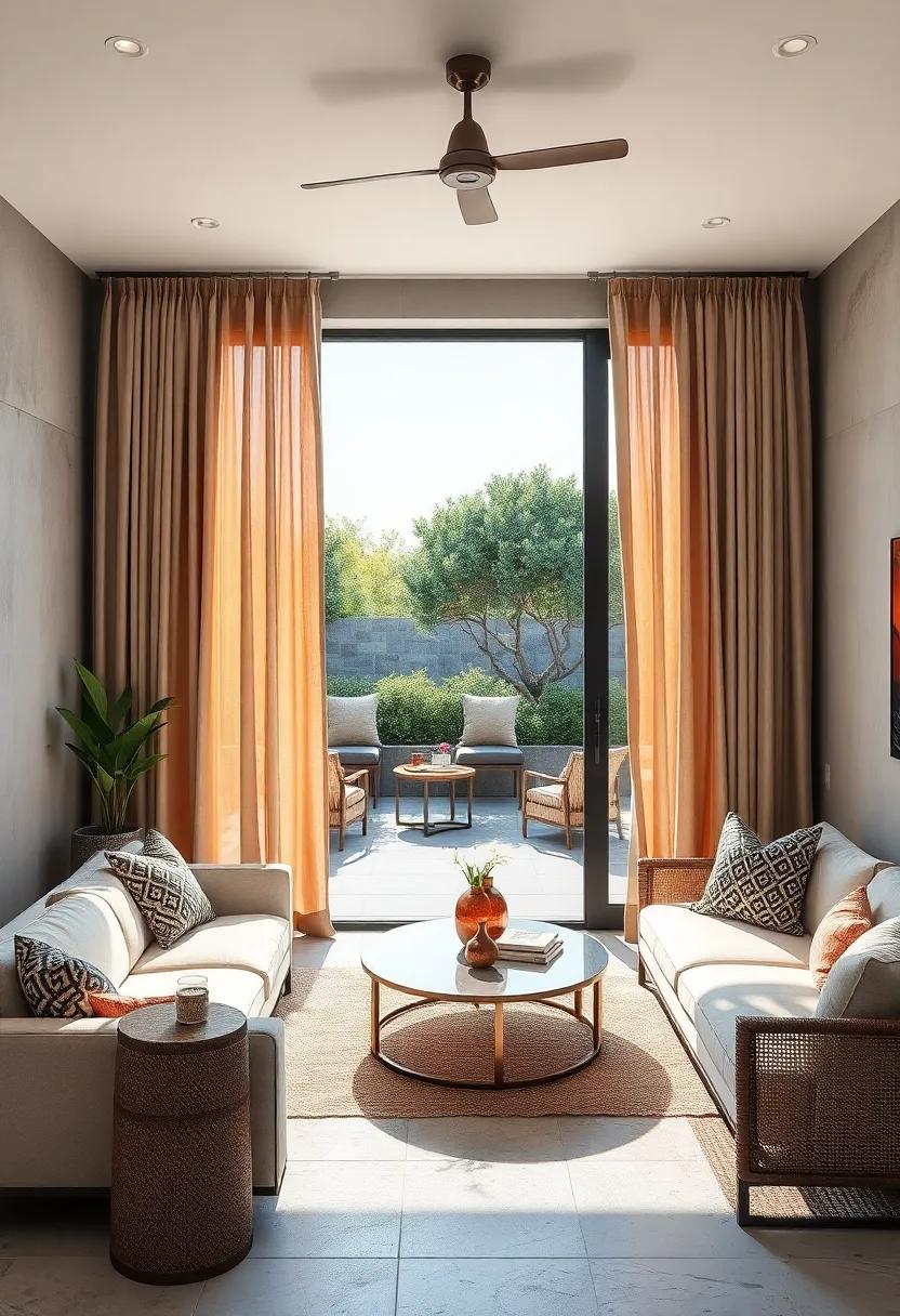 Luxuriously Draped Outdoor Curtains Framing Panoramic Patio Views With Subtle Metallic Sheen