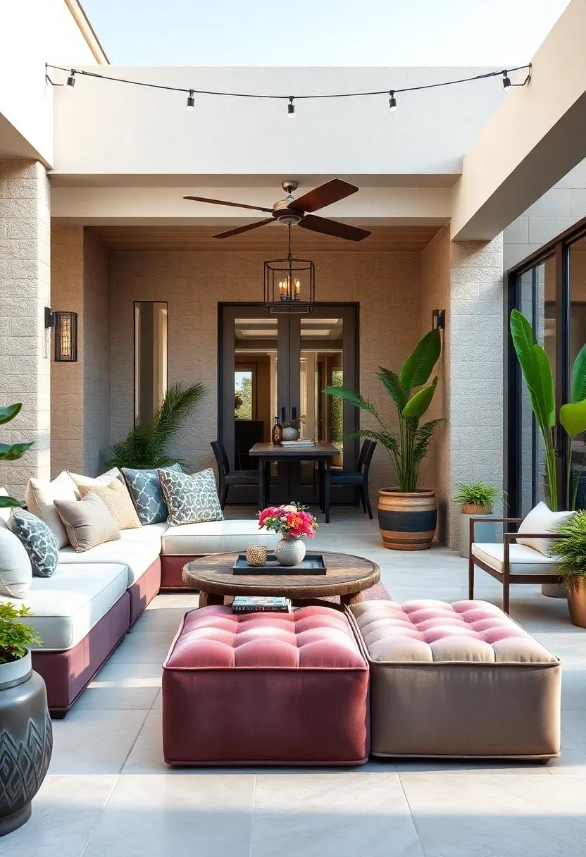 Velvet Upholstered Patio Ottomans with Brass Stud Detailing for Artistic Comfort