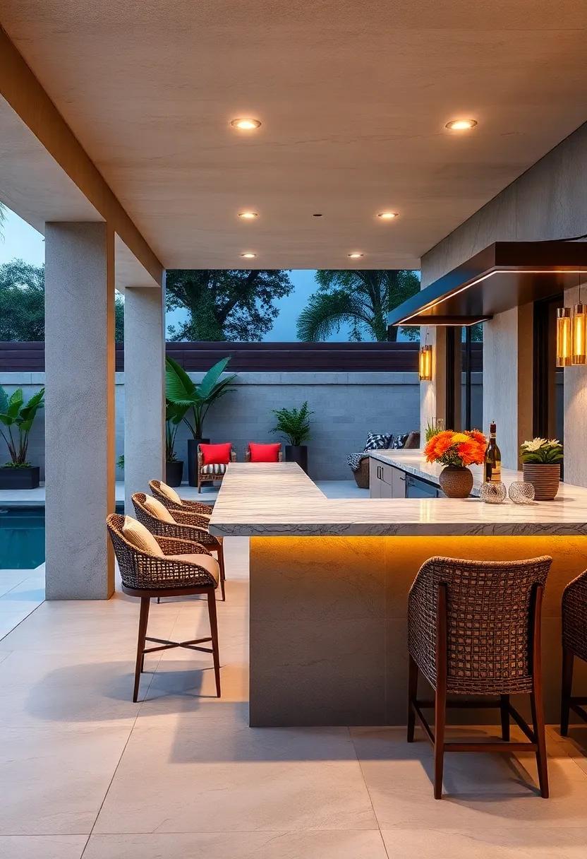 Sleek Outdoor Bar Units With Polished Granite Countertops and Ambient Glass Lighting