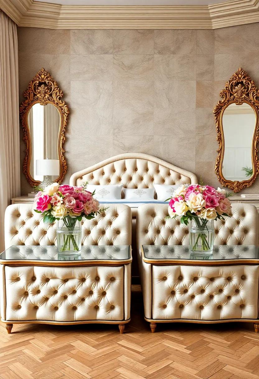 Fresh Blooms Arranged in Crystal Vases Over Tufted Dressers for Added Elegance