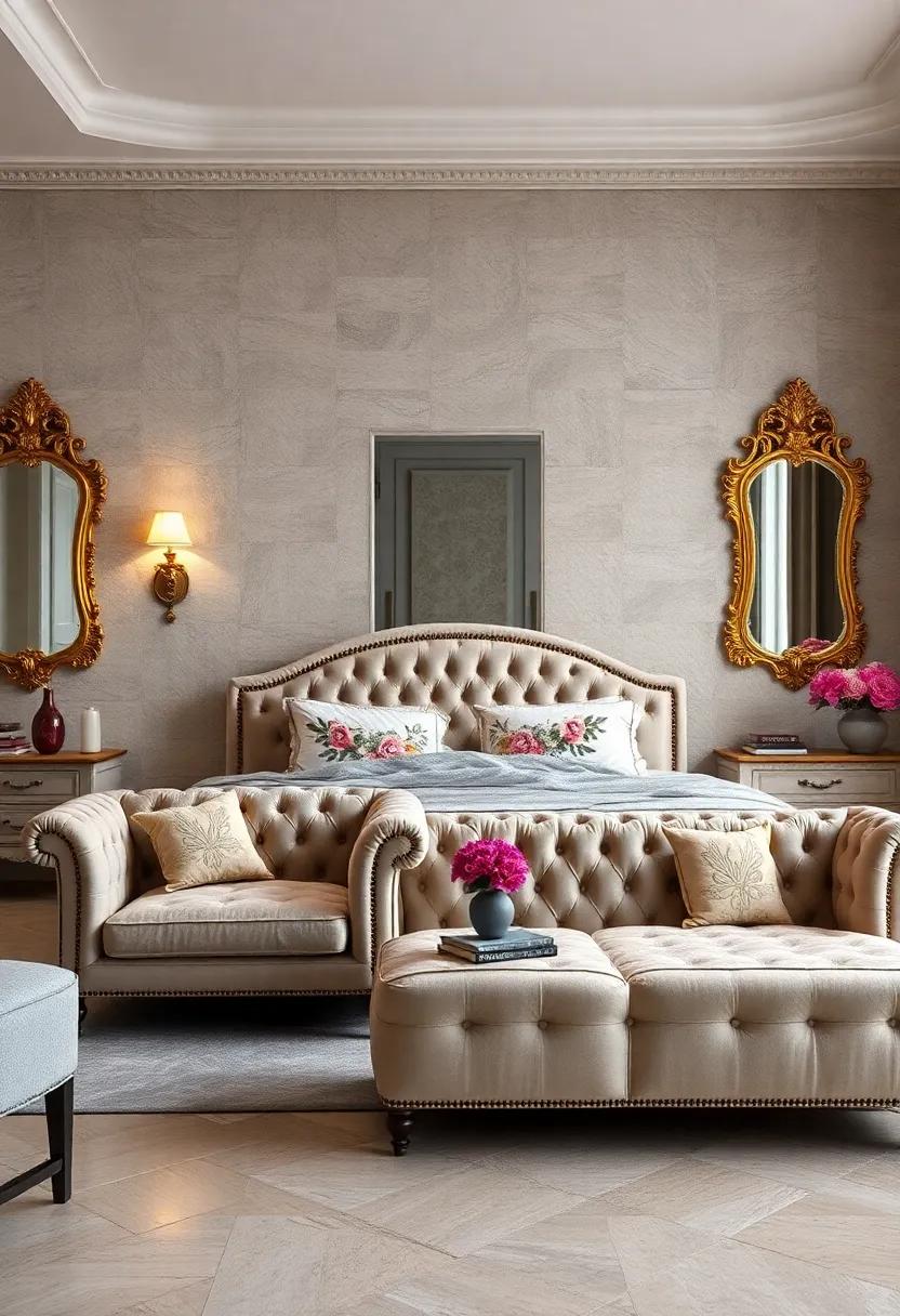 Soft Glow from Wall Sconces Highlighting Tufted Floral Motifs on Upholstery