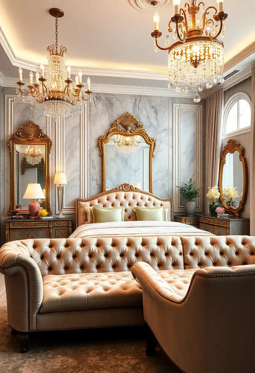 Ornate Crystal Chandeliers Casting a Sparkling Glow over Tufted Furnishings