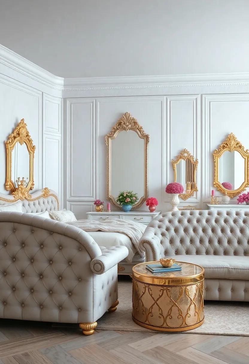 Crystal and Pearl Embellishments Accentuating Tufted Furniture for Royal Flair