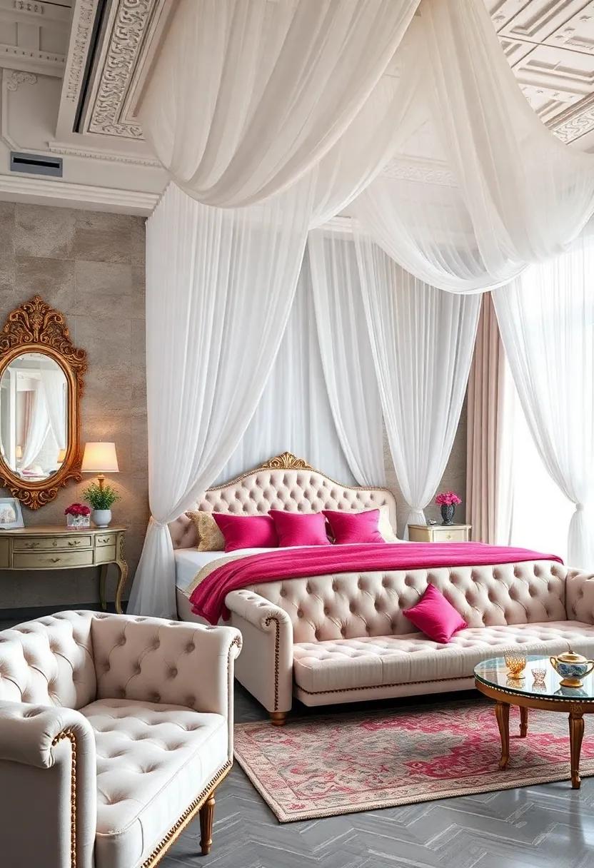 Ethereal Sheer Drapes Flowing Gracefully Over Tufted Bed Canopies and Seating