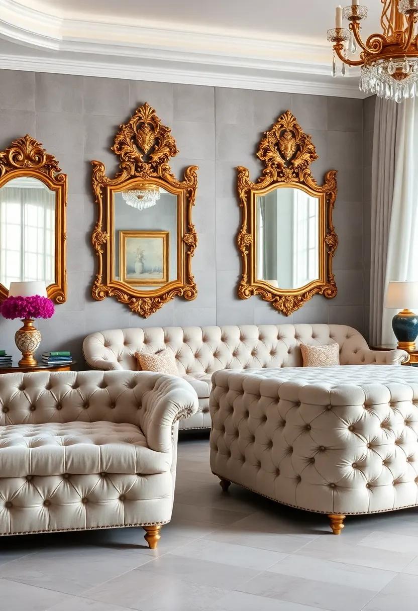 Vintage Mirrors with Gilded Frames Reflecting the Grandeur of Tufted Designs