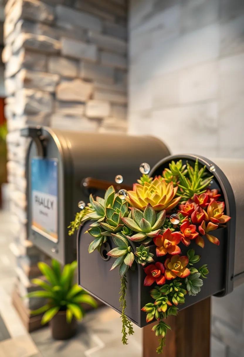 A Close-up View of Dew Drops Brimming on Succulents Crowding a Small Mailbox Garden