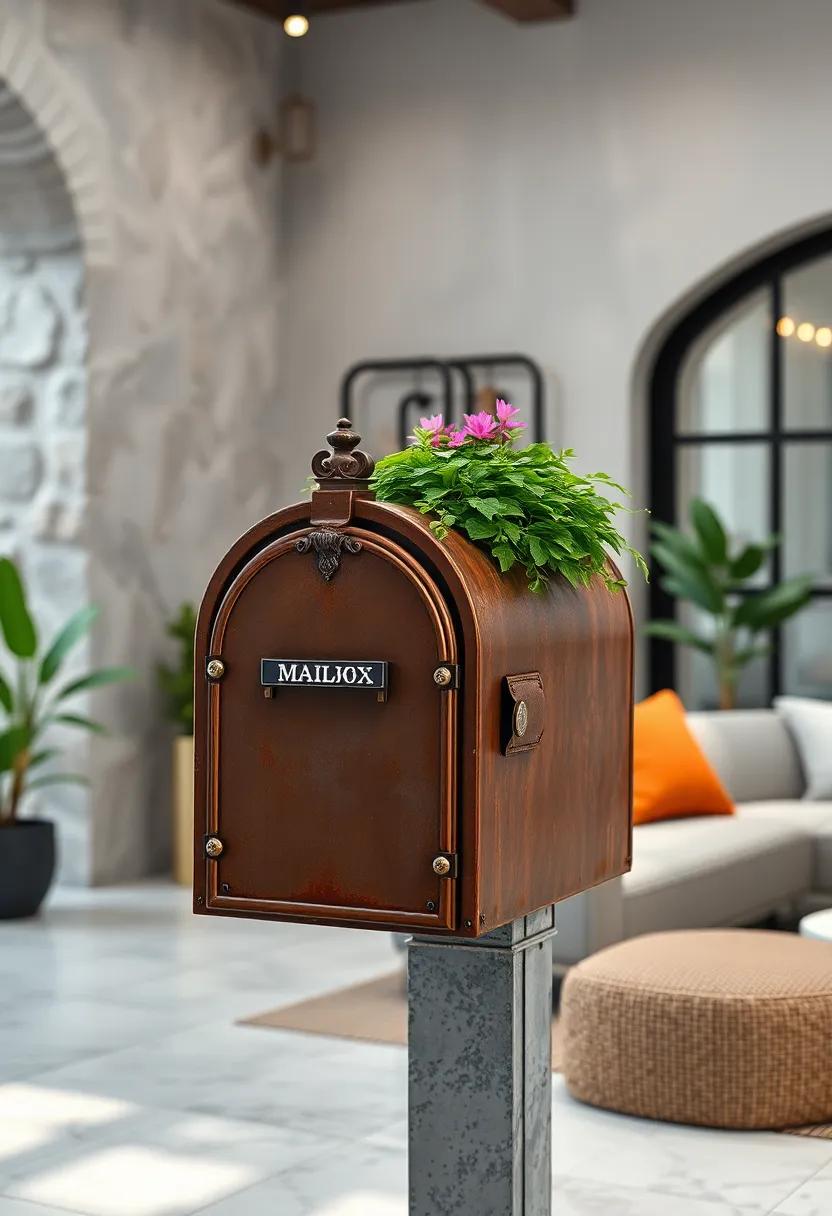 The Contrast of Rustic Mailbox Metal and Vibrant Greenery Nestled in Its Miniature Roof