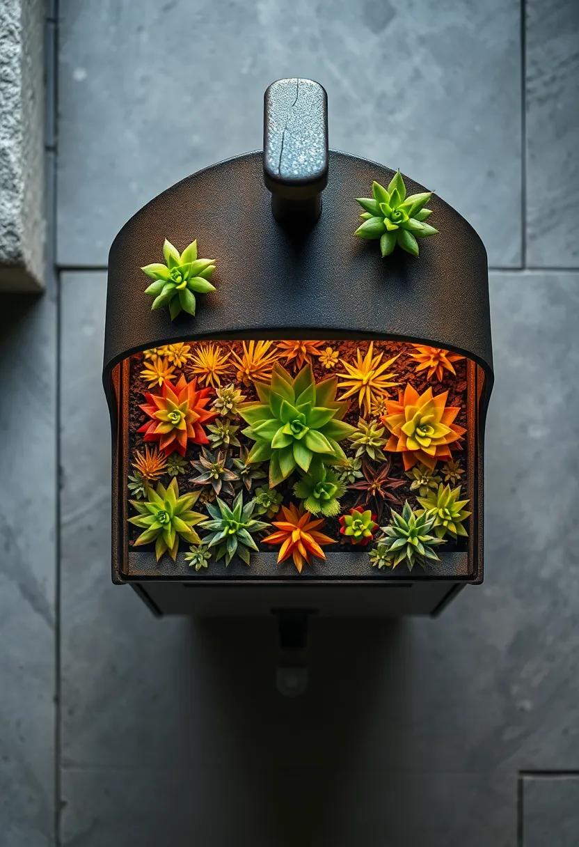 An Overhead Perspective of Symmetrical Patterns Formed by Succulents in a Mailbox Garden