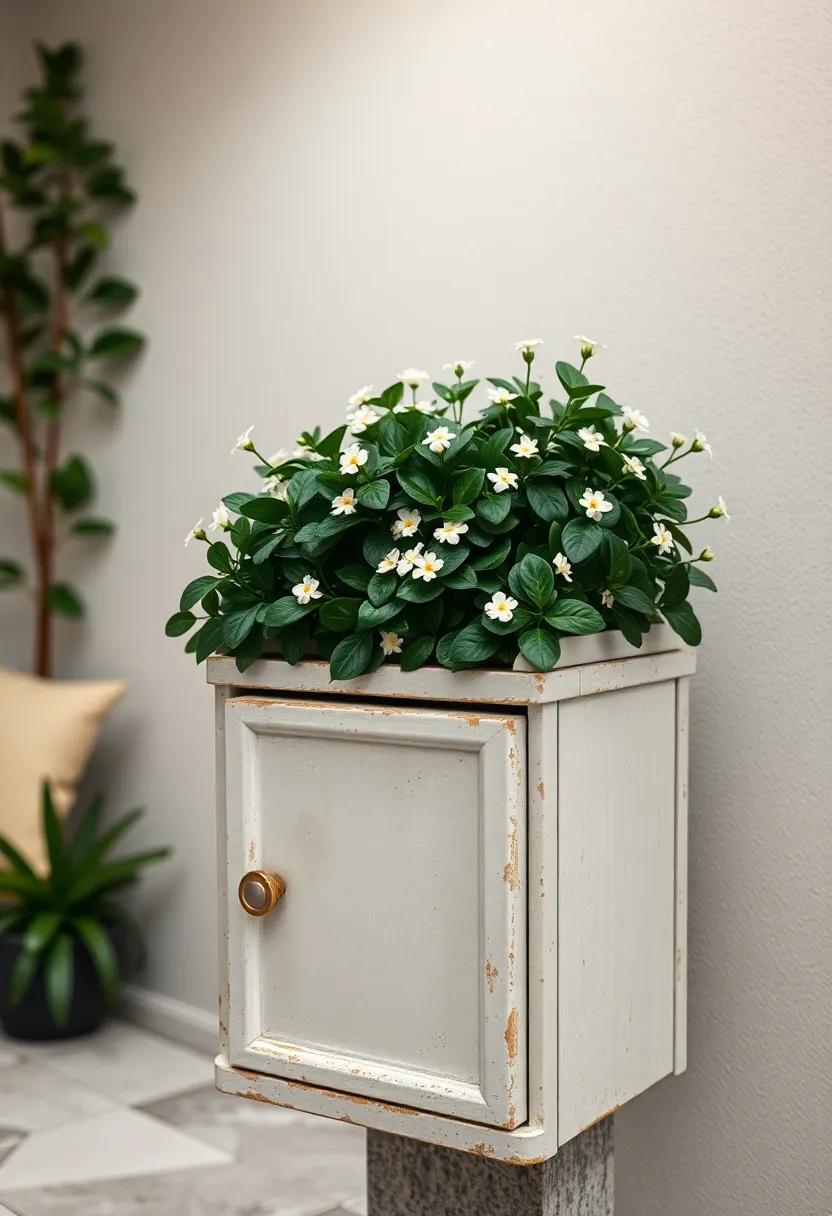 The Subtle Beauty of Tiny White Flowers Popping Against Deep Green Leaves on a Mailbox Roof