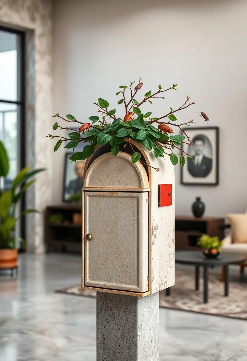 Tiny Garden Creatures Exploring Every Nook of Leaves and Branches on a Mailbox Roof