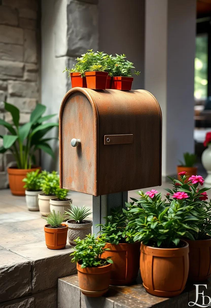 Tiny Pots Made of Recycled Materials Lined Neatly Around a Mailbox Garden with Care