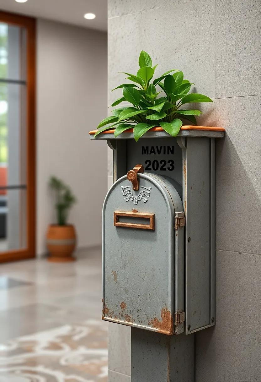 A Tranquil Scene of Raindrops Resting on Miniature Leaves Above a Weathered Mailbox
