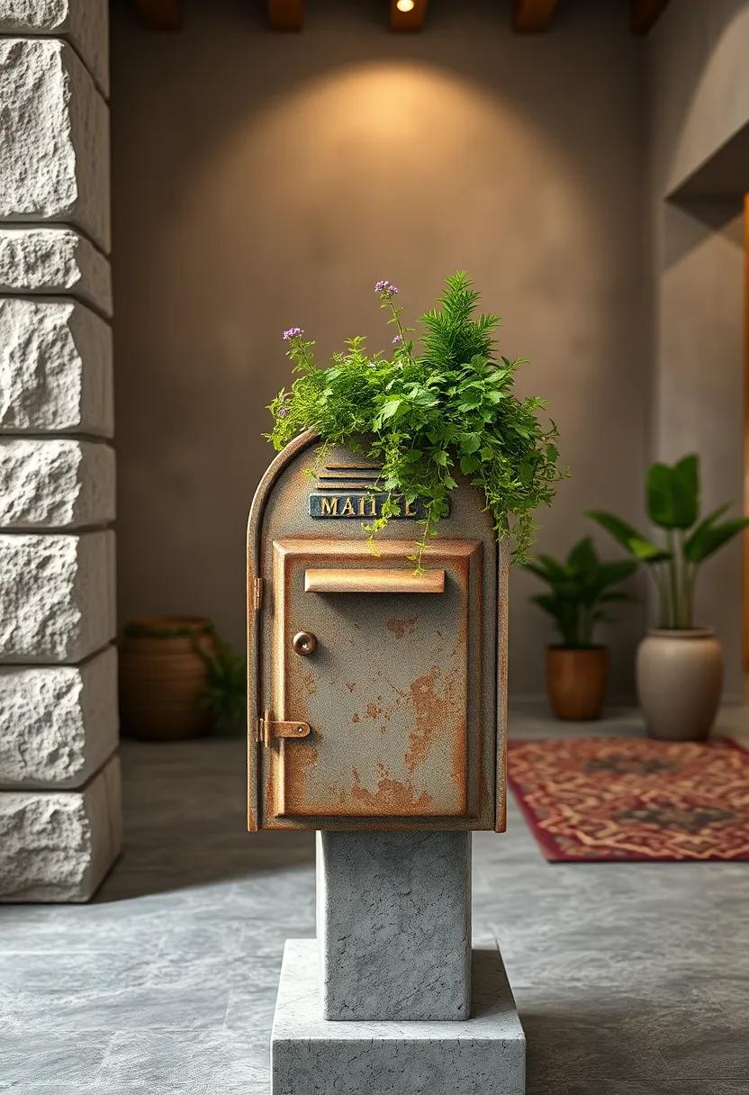 A Vintage Mailbox Dressed Up with Fresh Herbs and Miniature Bushes on Its Roof