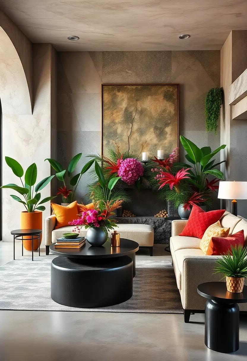 Vibrant Floral Arrangements Layered with Unconventional Plant Selections Adding Lush Drama