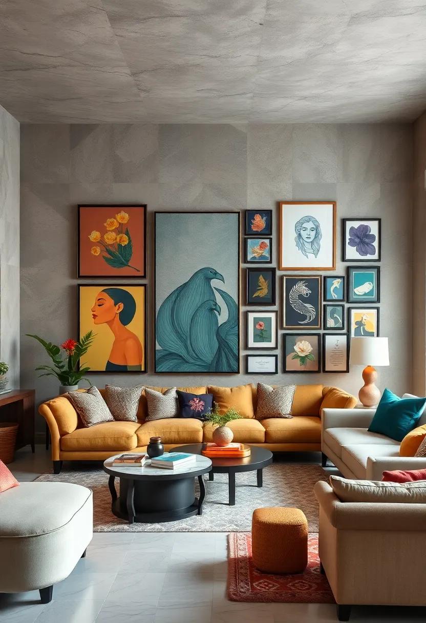 Eclectic Gallery Walls Combining Large Bold Prints with Small Intricate Artwork Arrangements