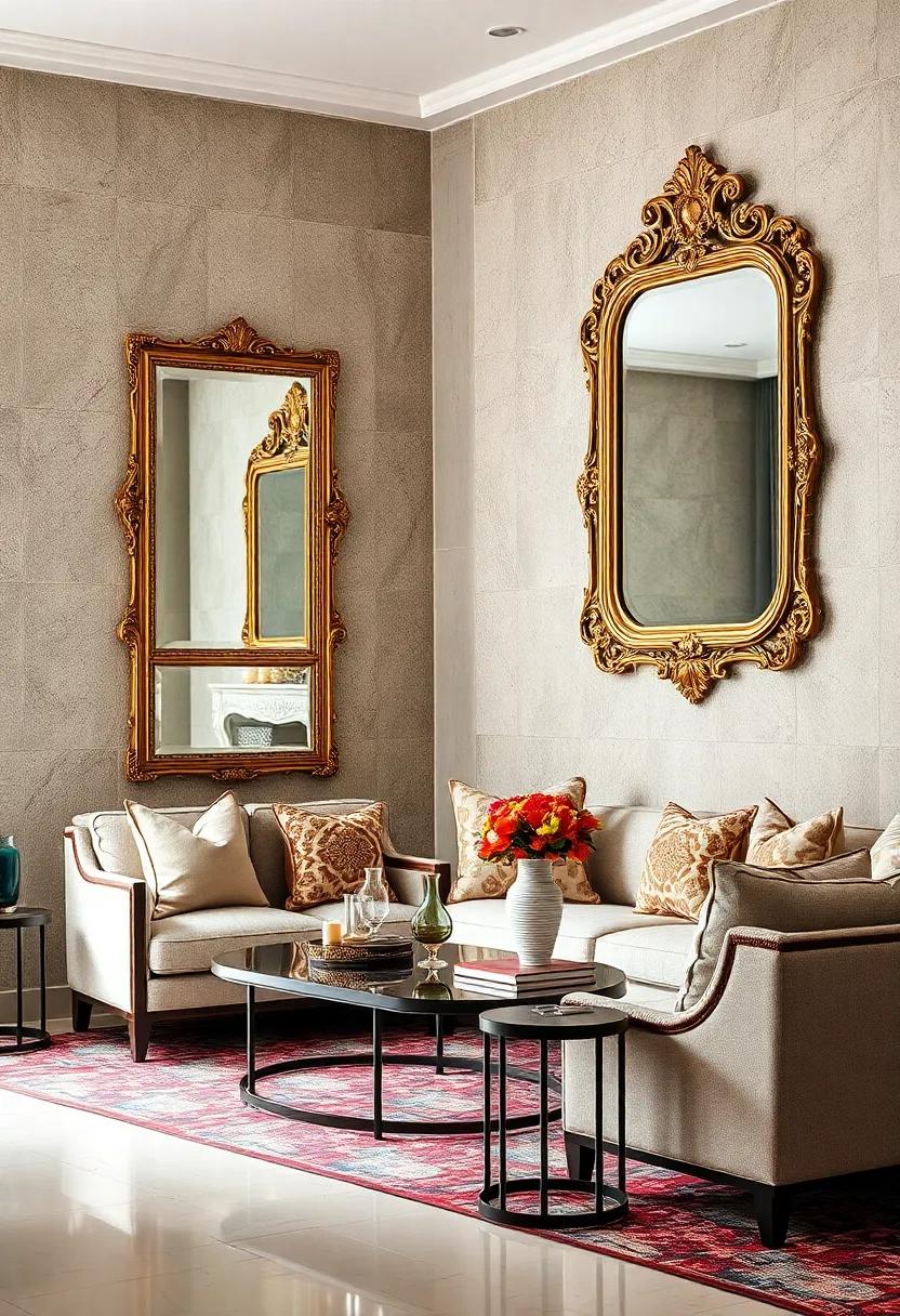 Decorative Mirrors with Ornate Frames Reflecting Light and Amplifying Maximalist Decor