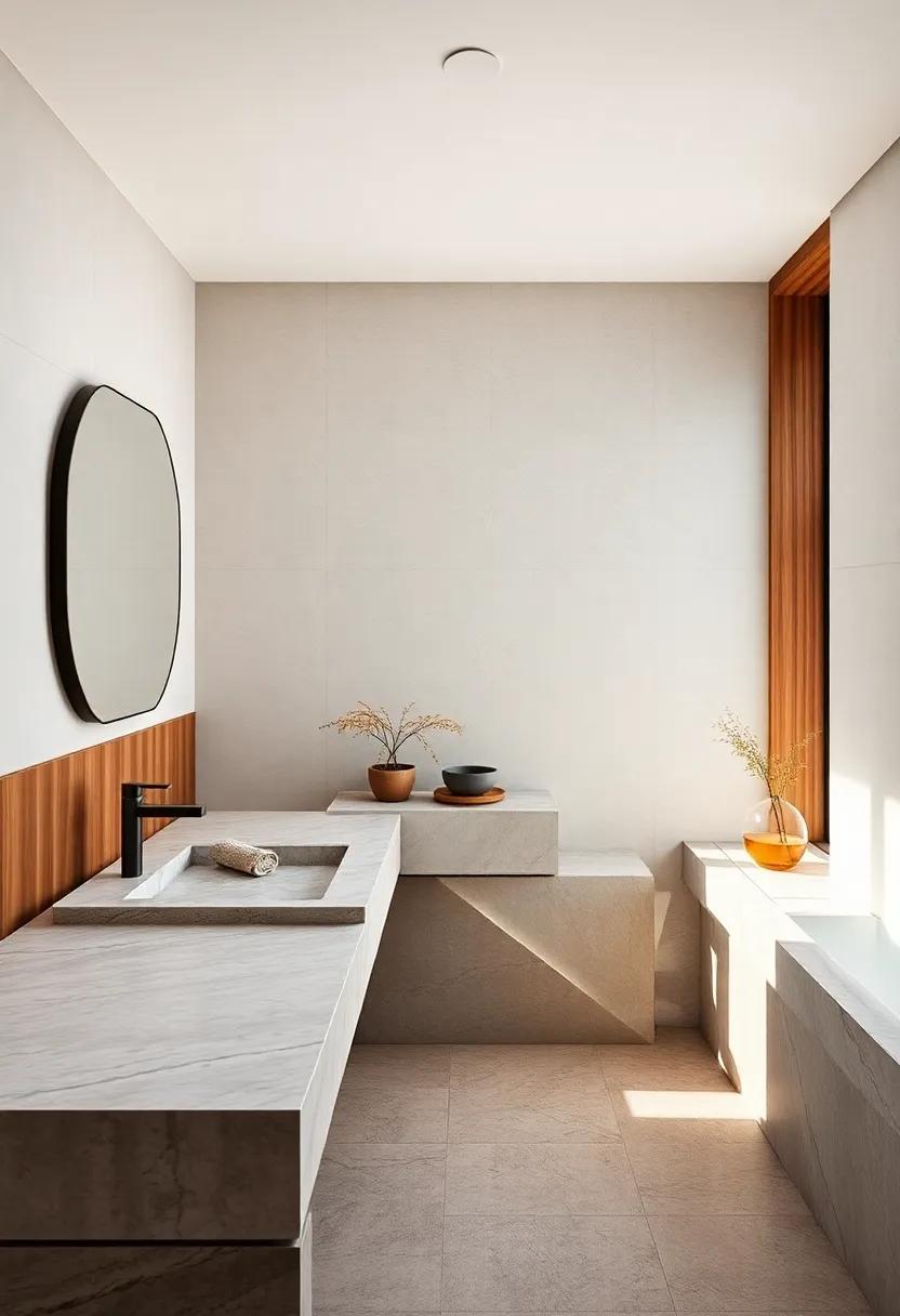 Elegant Granite Sinks Complementing Minimalist Wood Accents Bathed in Natural Daylight