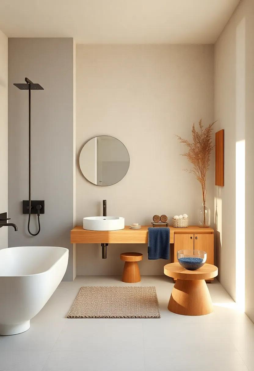 Softly Lit Bathrooms Highlighting Scandinavian Inspired Simplicity and Natural Wood Elements