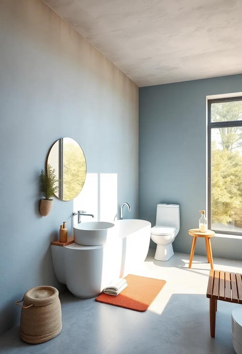Calming Mist Blue Walls Contrasted with Warm Sunlight and Simple Wooden Bathroom Furnishings